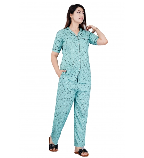 Women's Casual Half Sleeve Printed Viscose Rayon Shirt With Pyjama Pant Night Suit Set (Green)