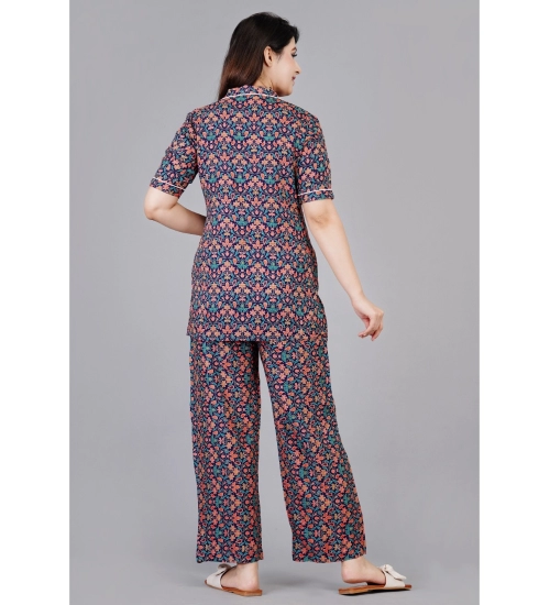 Women's Casual Half Sleeve Printed Viscose Rayon Shirt With Pyjama Pant Night Suit Set (Blue) Women's Casual Half Sleeve Printed Viscose Rayon Shirt With Pyjama Pant Night Suit Set (Blue)
