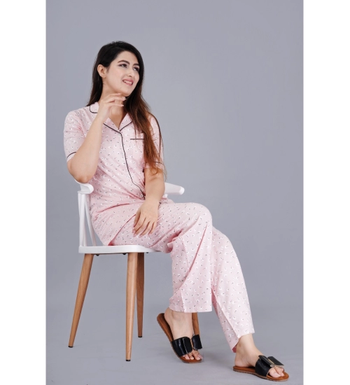Women's Casual Half Sleeve Printed Viscose Rayon Shirt With Pyjama Pant Night Suit Set (Pink)