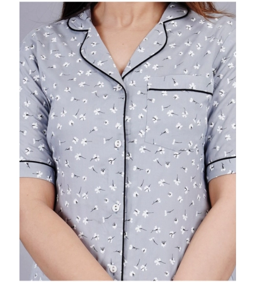 Women's Casual Half Sleeve Printed Viscose Rayon Shirt With Pyjama Pant Night Suit Set (Grey)