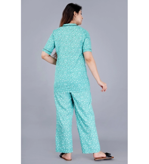 Women's Casual Half Sleeve Printed Viscose Rayon Shirt With Pyjama Pant Night Suit Set (Green)