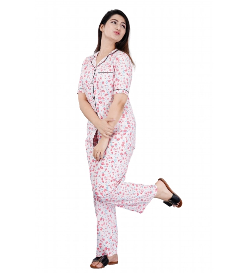 Women's Casual Half Sleeve Printed Viscose Rayon Shirt With Pyjama Pant Night Suit Set (Baby Pink)