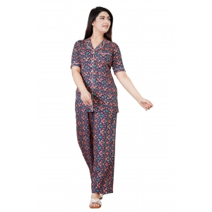 Generic Women's Casual Half Sleeve Printed Viscose Rayon Shirt With Pyjama Pant Night Suit Set (Blue)