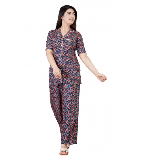 Women's Casual Half Sleeve Printed Viscose Rayon Shirt With Pyjama Pant Night Suit Set (Blue)