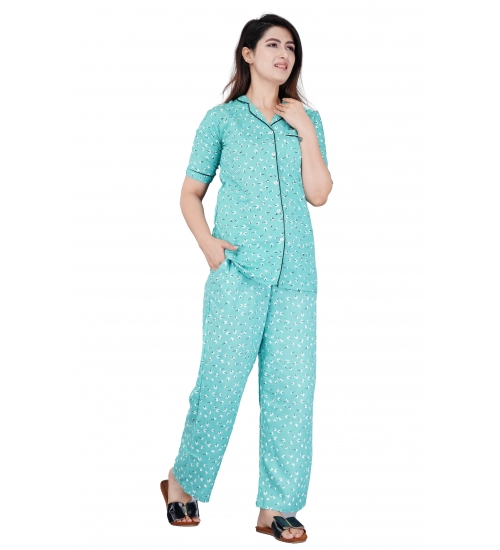 Women's Casual Half Sleeve Printed Viscose Rayon Shirt With Pyjama Pant Night Suit Set (Green)