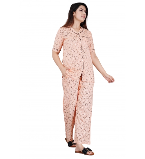Women's Casual Half Sleeve Printed Viscose Rayon Shirt With Pyjama Pant Night Suit Set (Peach)