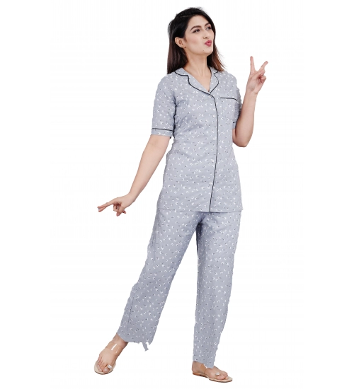 Women's Casual Half Sleeve Printed Viscose Rayon Shirt With Pyjama Pant Night Suit Set (Grey)