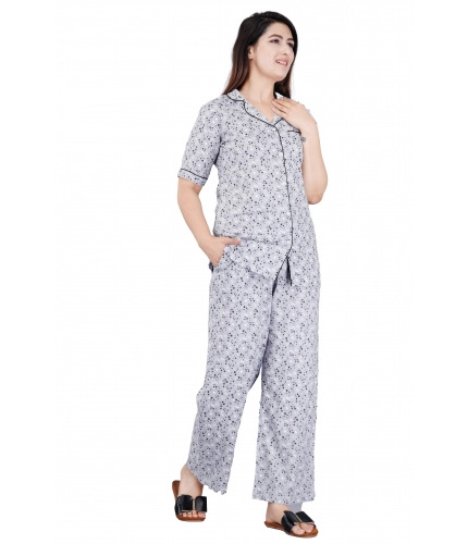 Women's Casual Half Sleeve Printed Viscose Rayon Shirt With Pyjama Pant Night Suit Set (Grey)