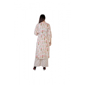 Generic Women's Casual 3/4 Sleeve Printed Rayon Kurti With Palazzo Set (Beige)