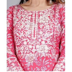 Generic Women's Casual 3/4 Sleeve Embroidered Rayon Kurti With Pant And Dupatta Set (Pink)