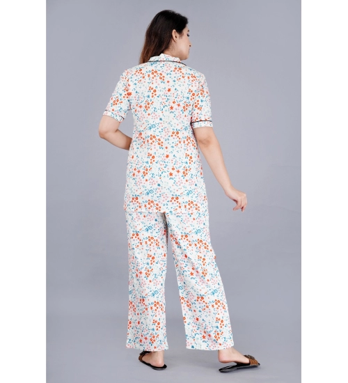 Women's Casual Half Sleeve Printed Viscose Rayon Shirt With Pyjama Pant Night Suit Set (White)
