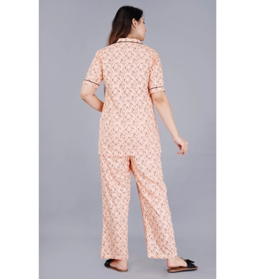 Women's Casual Half Sleeve Printed Viscose Rayon Shirt With Pyjama Pant Night Suit Set (Peach)