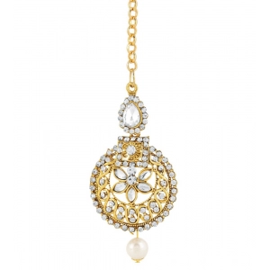 Generic Women's Rose Gold Plated Alloy Kundan Earrings & Mangtikka (White)