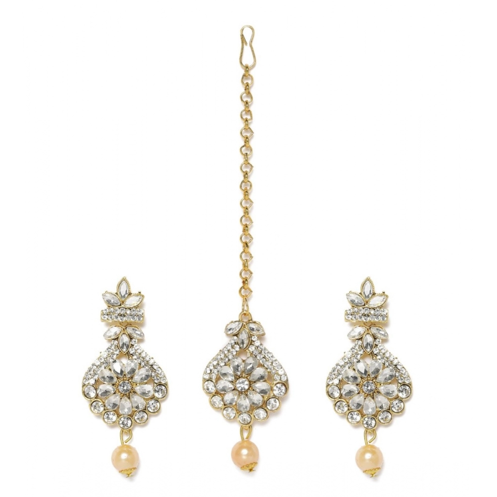 Generic Women's Rose Gold Plated Alloy Kundan Earrings & Mangtikka (White)
