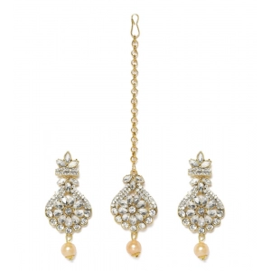 Generic Women's Rose Gold Plated Alloy Kundan Earrings & Mangtikka (White)