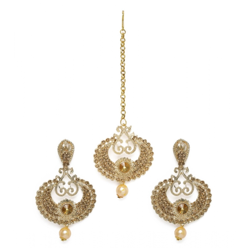 Generic Women's Rose Gold Plated Alloy Kundan Earrings & Mangtikka (Gold)