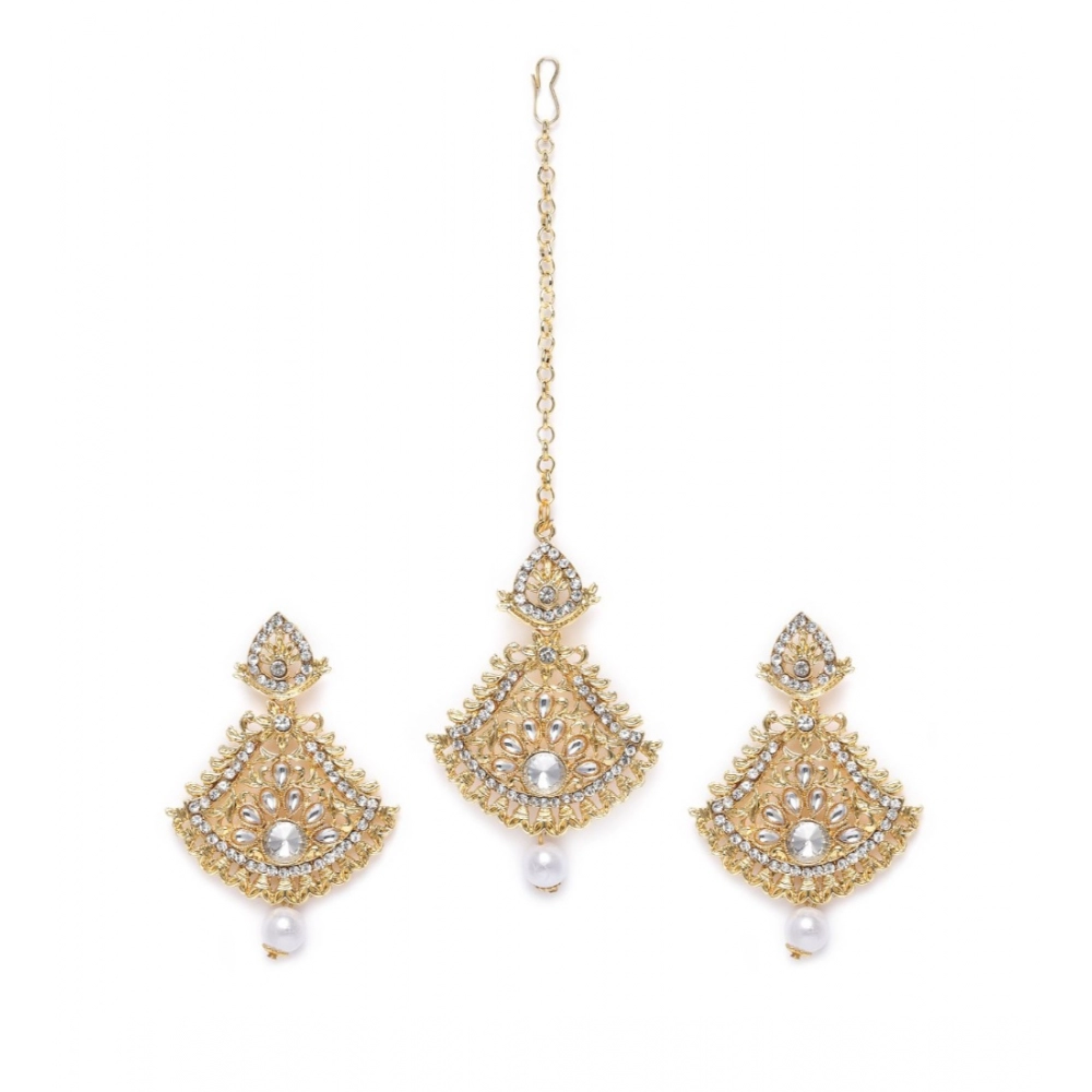 Generic Women's Rose Gold Plated Alloy Kundan Earrings & Mangtikka (White)