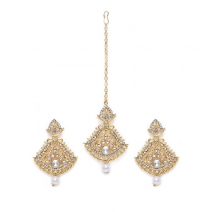 Generic Women's Rose Gold Plated Alloy Kundan Earrings & Mangtikka (White)