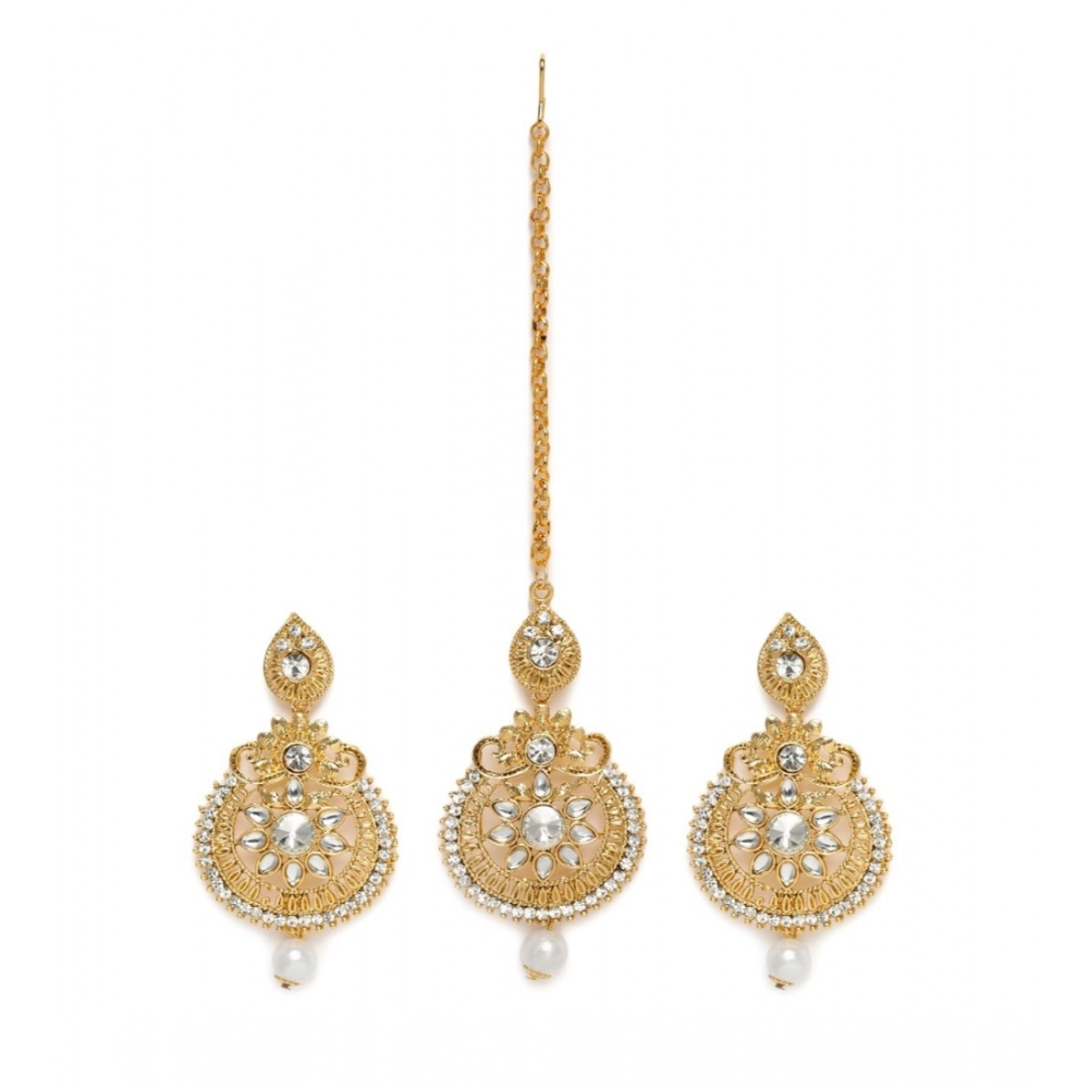 Generic Women's Rose Gold Plated Alloy Kundan Earrings & Mangtikka (White)