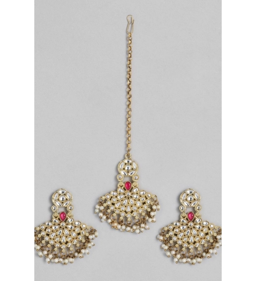 Women's Rose Gold Plated Alloy Kundan Earrings & Mangtikka (White)