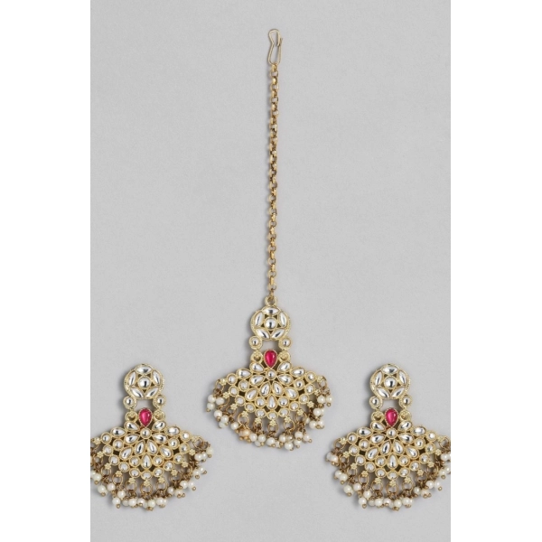 Dropship Women's Rose Gold Plated Alloy Kundan Earrings &amp; Mangtikka (White)