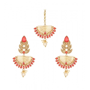Generic Women's Rose Gold Plated Alloy Kundan Earrings & Mangtikka (Gold & Red)