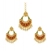 Dropship Women's Rose Gold Plated Alloy Kundan Earrings &amp; Mangtikka (Red &amp; Green)