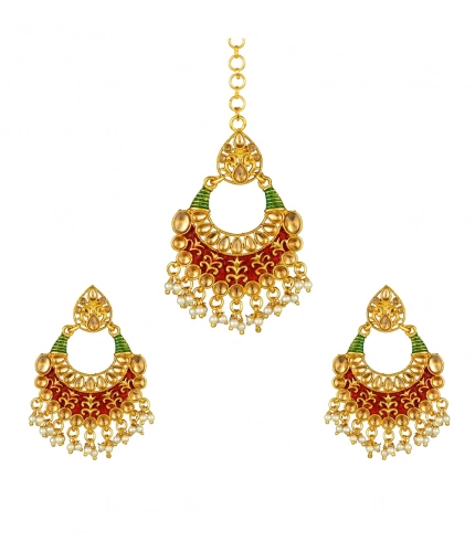 Women's Rose Gold Plated Alloy Kundan Earrings &amp; Mangtikka (Red &amp; Green)