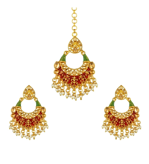 Women's Rose Gold Plated Alloy Kundan Earrings & Mangtikka (Red & Green)