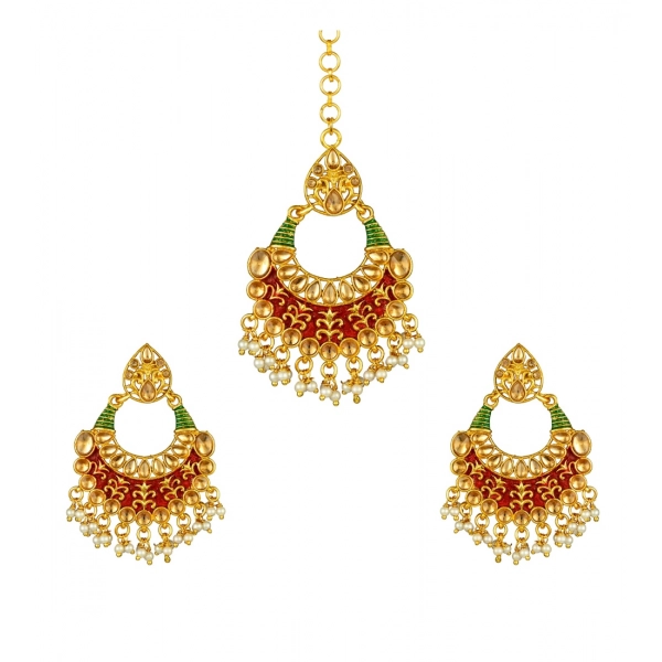 Dropship Women's Rose Gold Plated Alloy Kundan Earrings &amp; Mangtikka (Red &amp; Green)