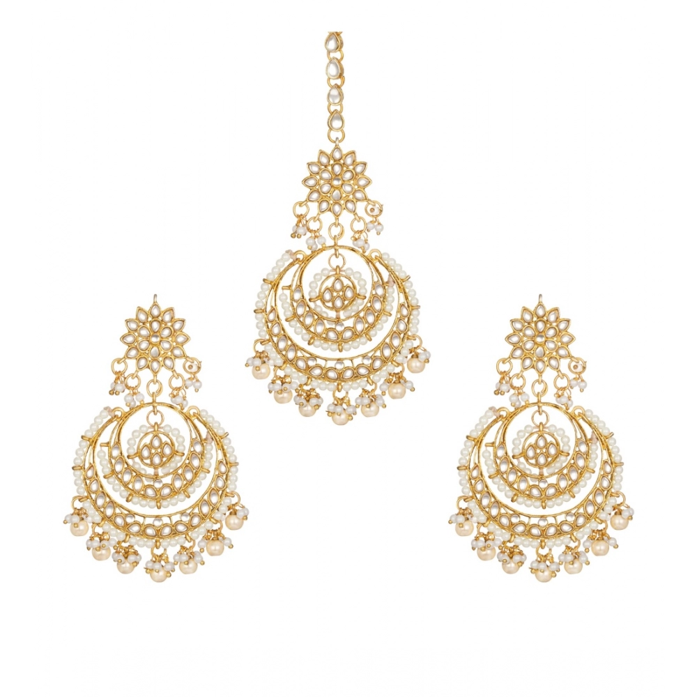 Generic Women's Rose Gold Plated Alloy Kundan Earrings & Mangtikka (White)