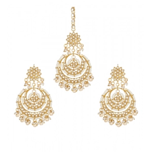 Generic Women's Rose Gold Plated Alloy Kundan Earrings & Mangtikka (White)