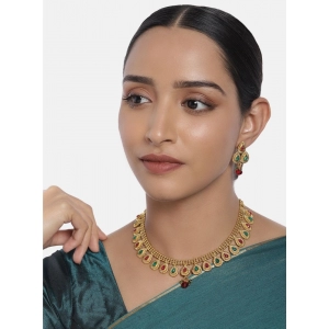 Generic Women's Rose Gold Plated Alloy Choker Necklace Set (Green & Red)