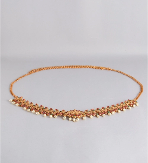 Women's Rose Gold Plated Alloy Hip Belt Kamarband (Red & Green)