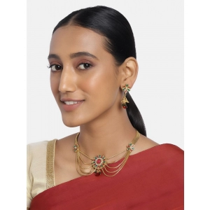 Generic Women's Rose Gold Plated Alloy Necklace & Earings Set (Green & Red)