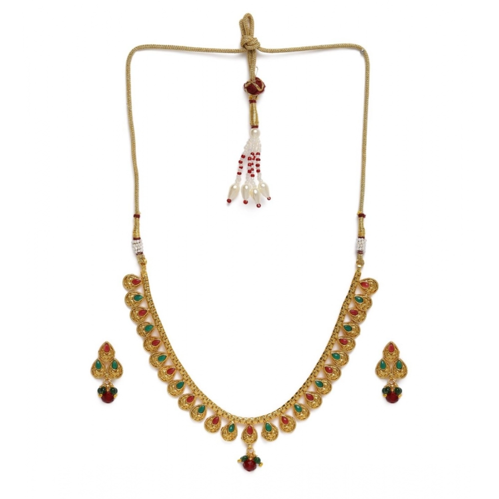 Generic Women's Rose Gold Plated Alloy Necklace & Earings Set (Green & Red)