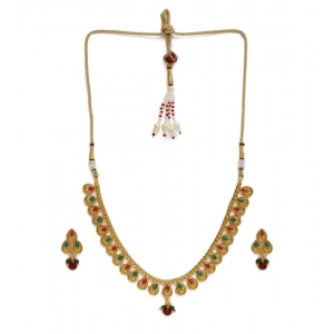 Generic Women's Rose Gold Plated Alloy Necklace & Earings Set (Green & Red)