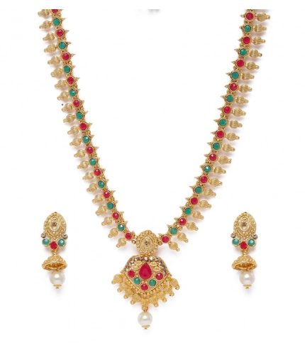 Women's Rose Gold Plated Alloy Necklace &amp; Earings Set (Green &amp; Red)