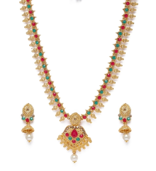 Women's Rose Gold Plated Alloy Necklace & Earings Set (Green & Red)