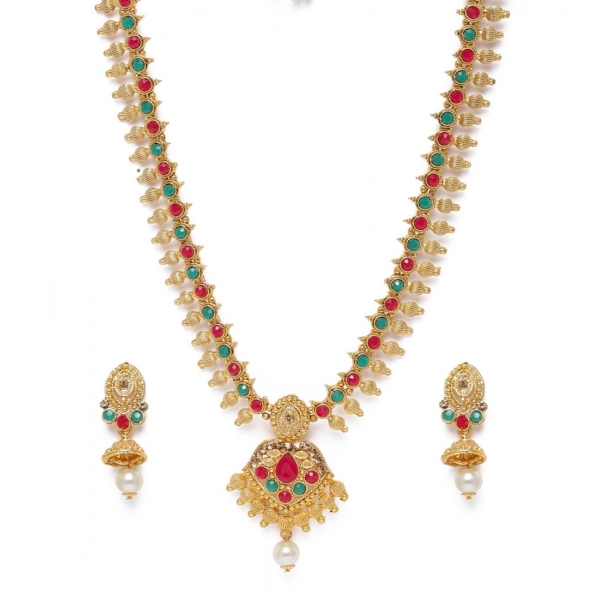 Dropship Women's Rose Gold Plated Alloy Necklace &amp; Earings Set (Green &amp; Red)