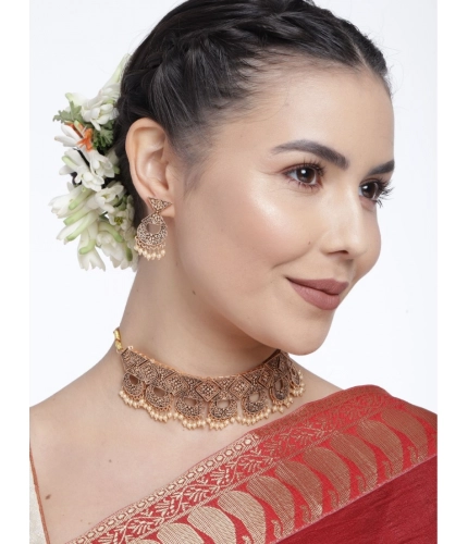 Women's Rose Gold Plated Alloy Necklace &amp; Earings Set (Gold)