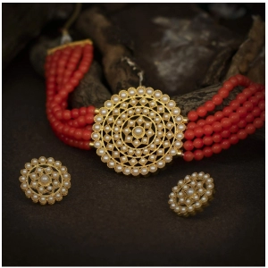 Generic Women's Rose Gold Plated Alloy Necklace & Earings Set (Red)