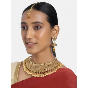 Generic Women's Rose Gold Plated Alloy Necklace Earrings With Maangtika Set (Gold)