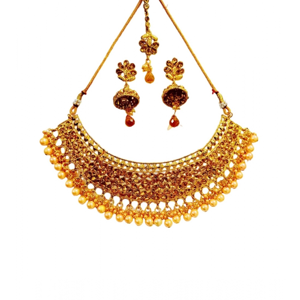 Generic Women's Rose Gold Plated Alloy Necklace Earrings With Maangtika Set (Gold)
