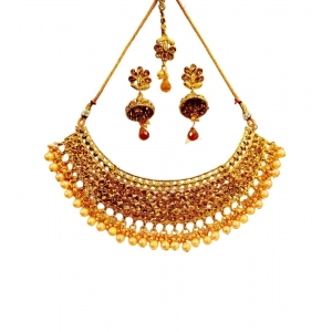 Generic Women's Rose Gold Plated Alloy Necklace Earrings With Maangtika Set (Gold)