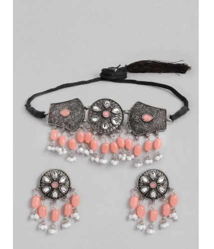 Women's Rose Gold Plated Alloy Necklace &amp; Earings Set (Orange)