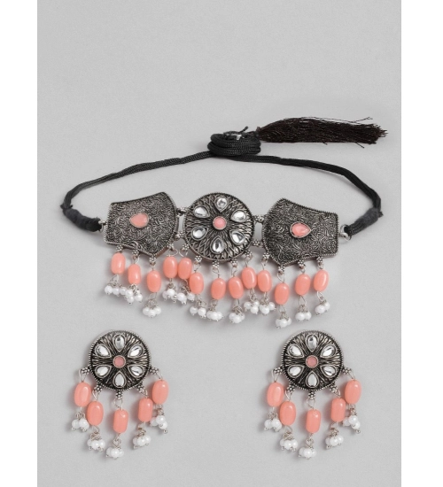 Women's Rose Gold Plated Alloy Necklace & Earings Set (Orange)