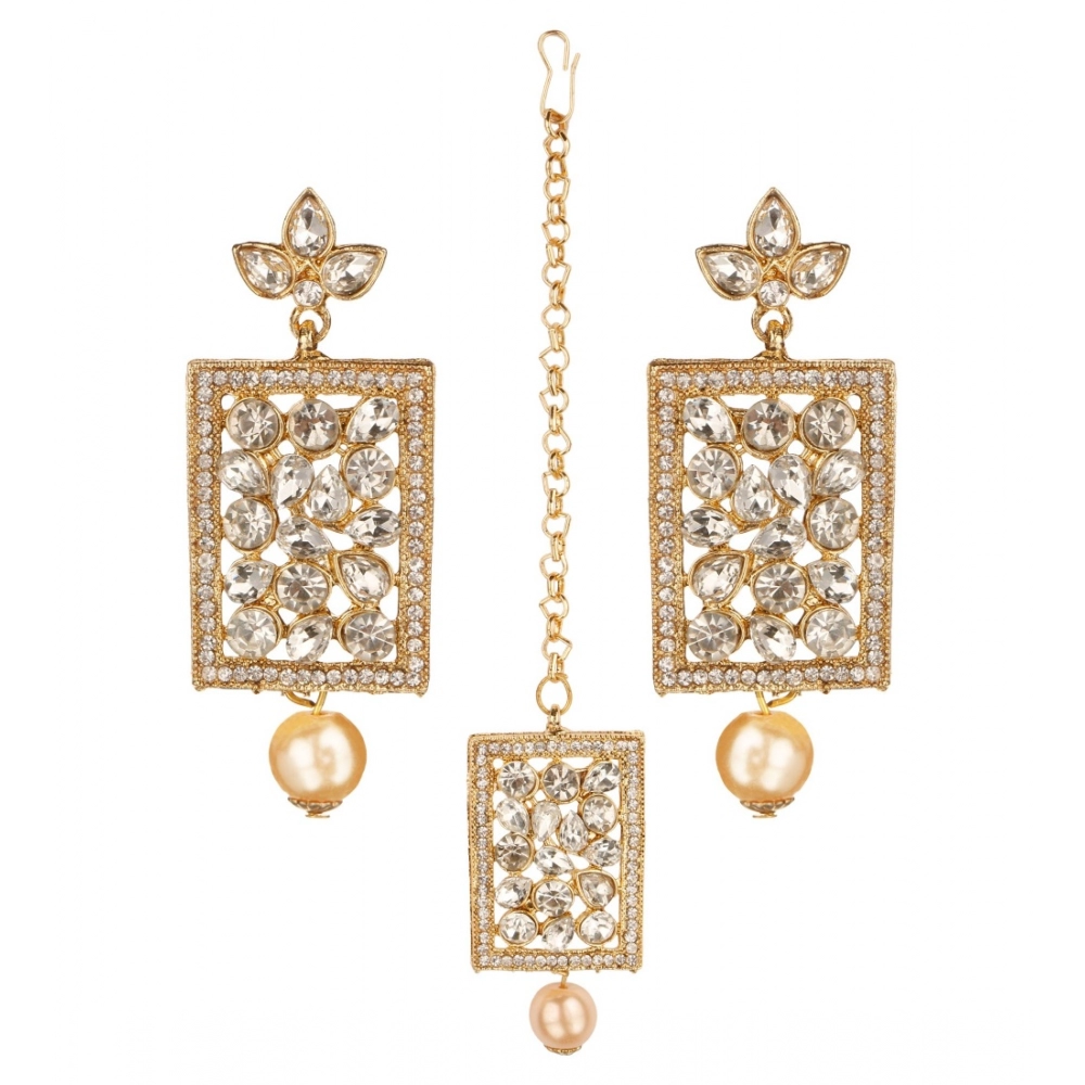 Generic Women's Rose Gold Plated Alloy Kundan Earrings & Mangtikka (White)
