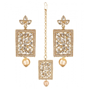 Generic Women's Rose Gold Plated Alloy Kundan Earrings & Mangtikka (White)