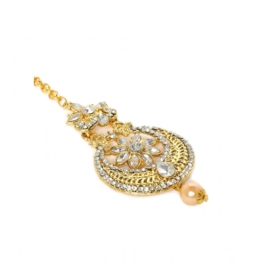 Generic Women's Rose Gold Plated Alloy Kundan Earrings & Mangtikka (White)